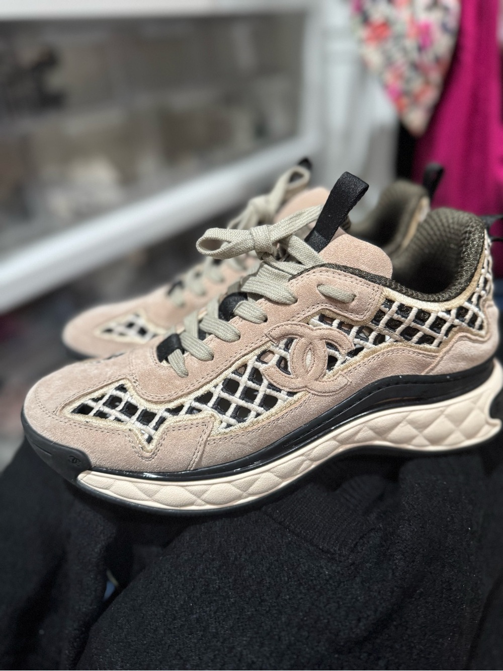 CHANEL Beige and Black Suede Mesh Women's Sneaker